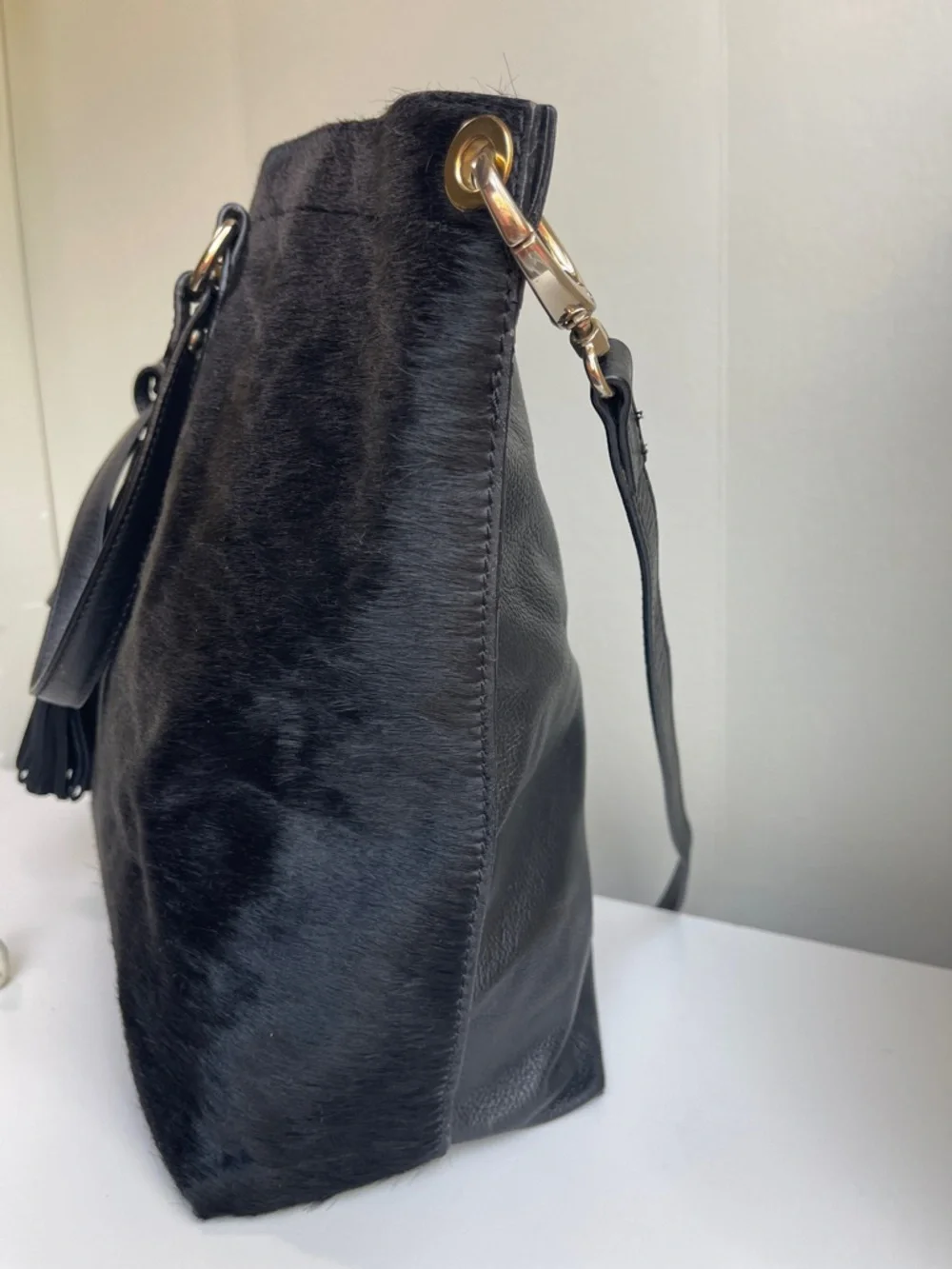 PULICATI Black Calf Hair Leather Satchel Crossbody